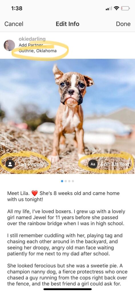 how to edit instagram photos - Edit your post info such as location, tags, alt text and caption. Click done when you're finished!