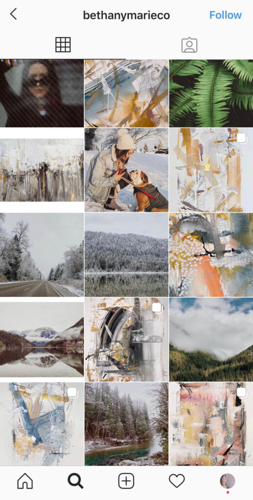 Screenshot of Instagram 9-grid with grays, blues, and peach