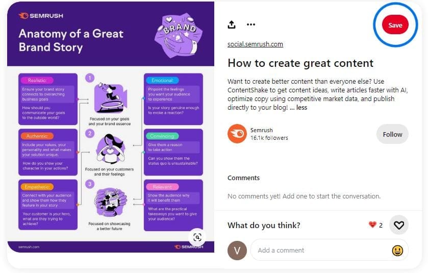 Screenshot of pinterest page for semrush