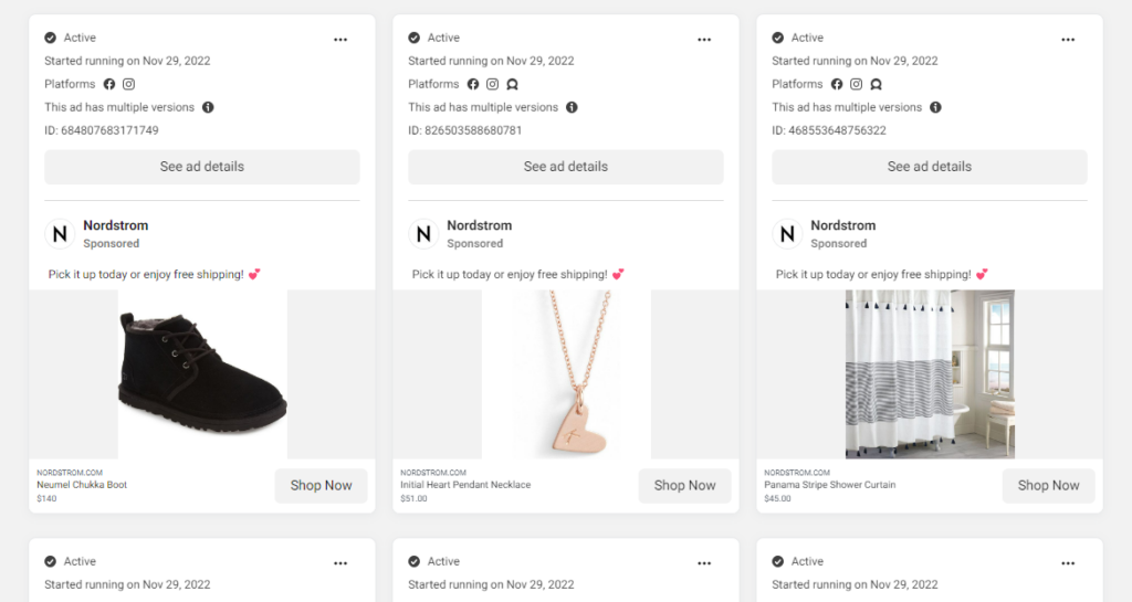 Screenshot of Nordstrom's paid facebook social ads whosing a shoe, a necklace and a shower curtain.