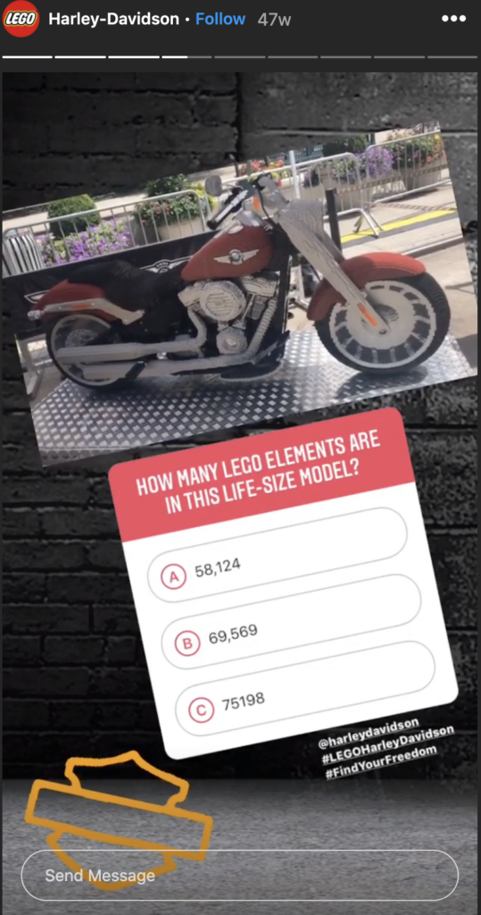 Screenshot of LEGO asking Instagram followers to answer a question as part of a giveaway