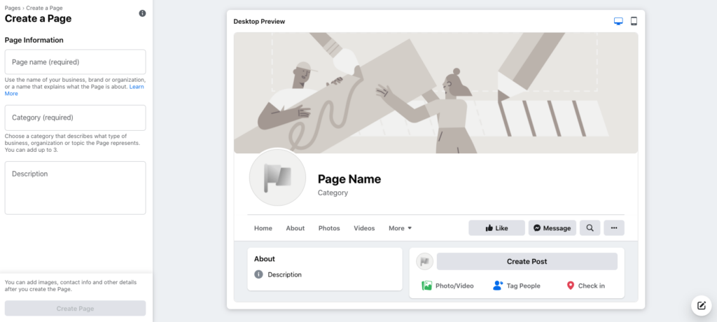 Preview of creating a new Facebook page