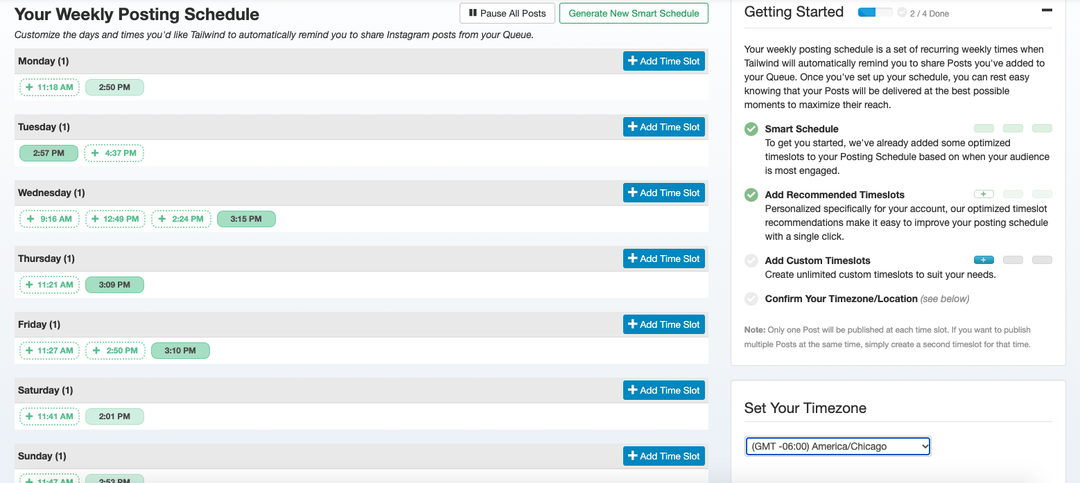 A view of the Tailwind Instagram scheduling dashboard, showing a weekly posting schedule with times on each day of the week highlighted in green.